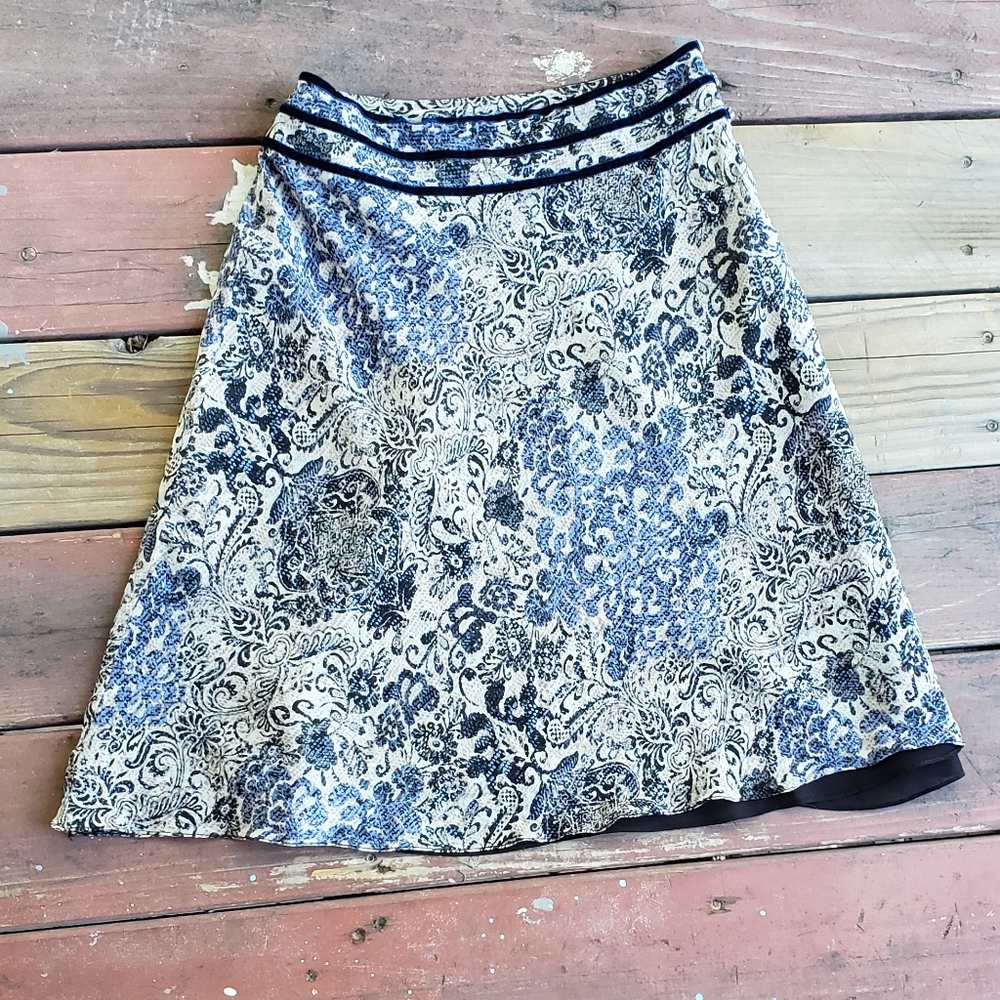 Ann Taylor Blue Navy Silk Floral Paisley Knee Length Office Patterned Skirt